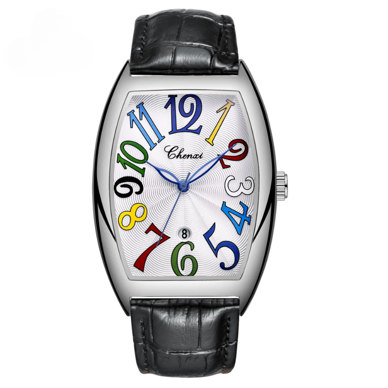 Sophisticated men's silver Art Deco watch, black leather band, unique tonneau case.