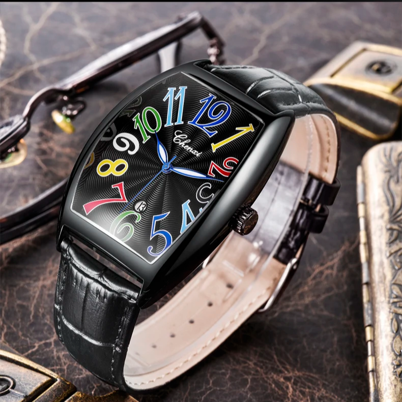 Premium men's luxury Art Deco watch, genuine leather strap, gold accents, classic style.