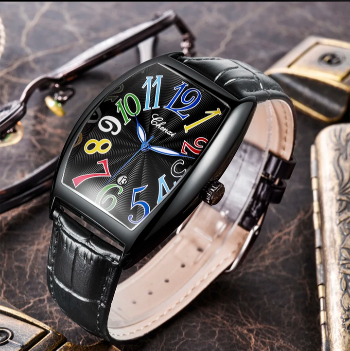 Premium men's luxury Art Deco watch, genuine leather strap, gold accents, classic style.