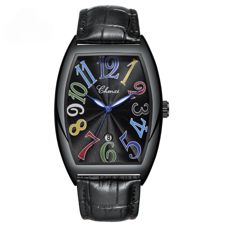 Luxury men's Art Deco leather watch, sleek design, perfect for sophisticated style.
