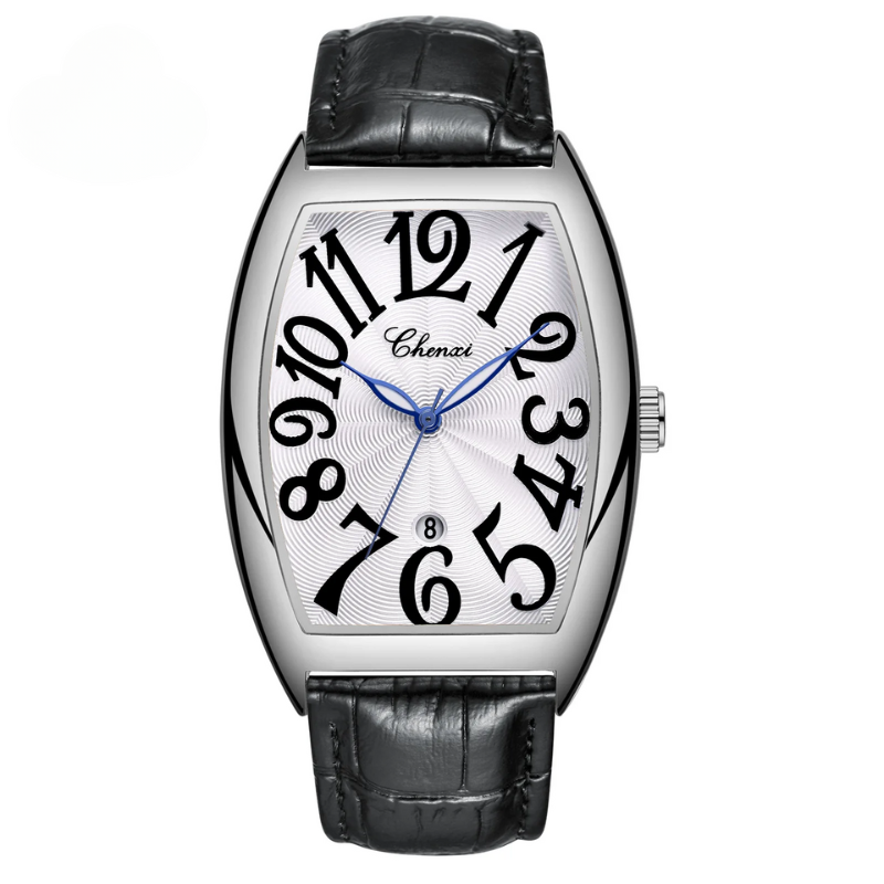 Classic men's Art Deco brown leather watch, silver-tone case, elegant luxury accessory.