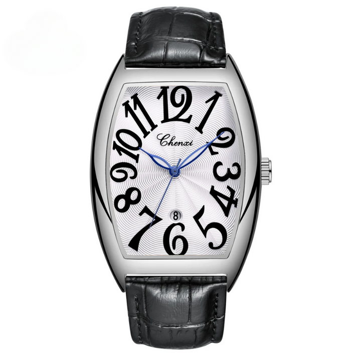 Classic men's Art Deco brown leather watch, silver-tone case, elegant luxury accessory.