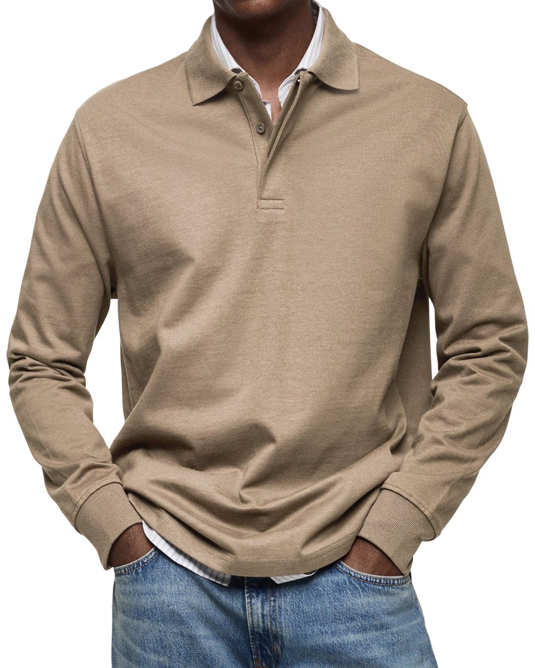 Modern fit men's long-sleeve luxury polo. Sleek smart casual men's clothing, perfect for everyday style.