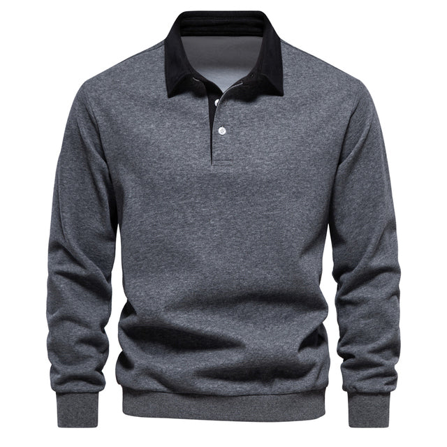Man wearing a tailored men's luxury polo sweater, Oliver. Effortless smart casual style for autumn fashion.