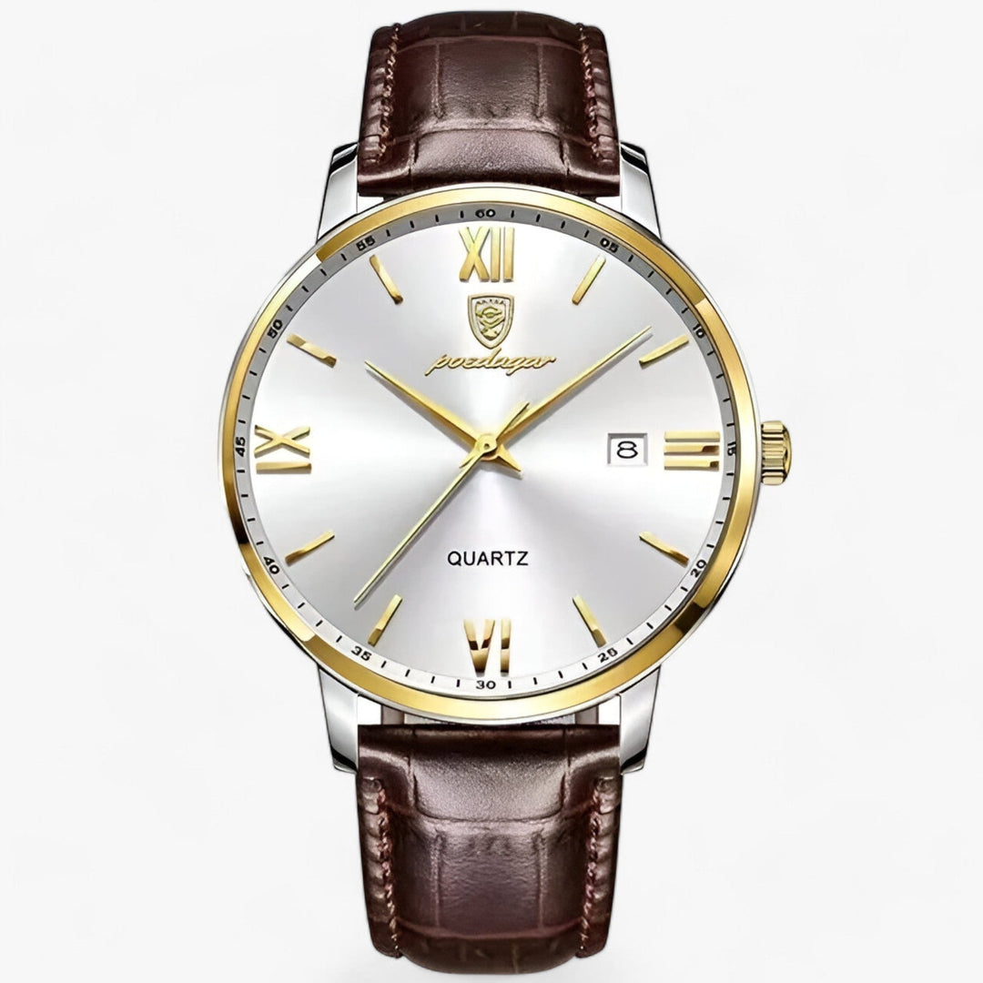 Men's luxury quartz watch with a black genuine leather strap, perfect for business and formal occasions.