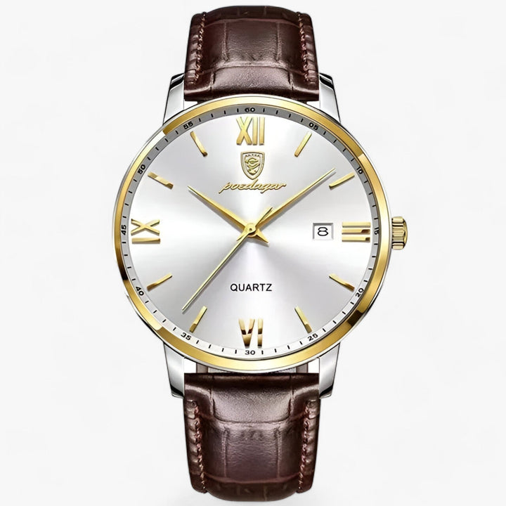 Men's luxury quartz watch with a black genuine leather strap, perfect for business and formal occasions.