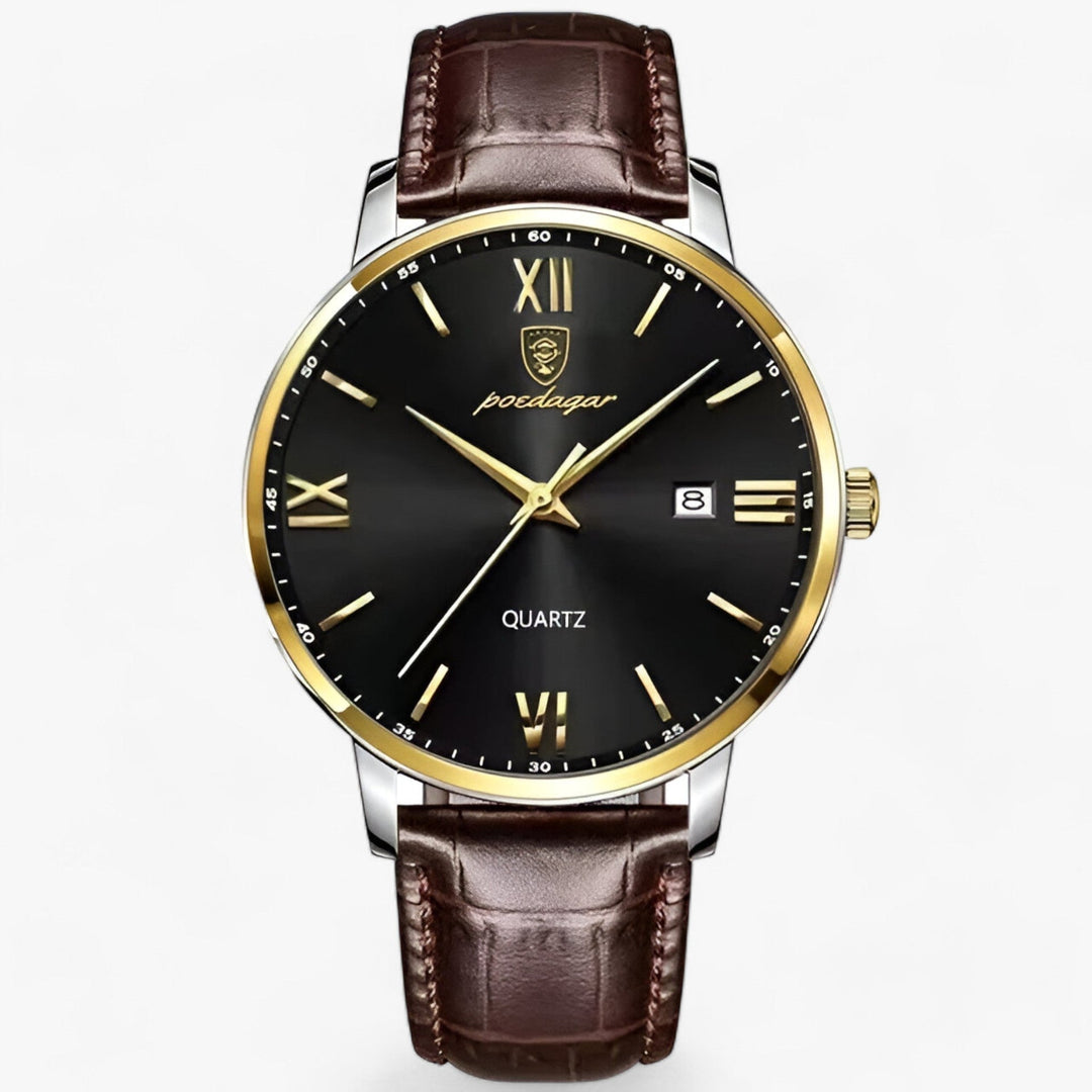 Elegant men's dress watch with a precise quartz movement and brown leather strap, ideal for business and formal wear.