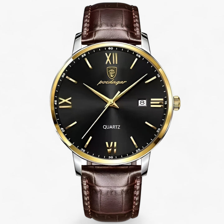 Elegant men's dress watch with a precise quartz movement and brown leather strap, ideal for business and formal wear.
