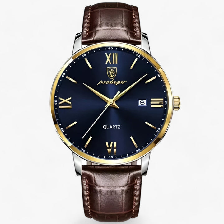 Close-up of a men's luxury quartz wrist watch, showcasing its genuine leather strap and classic dial design.