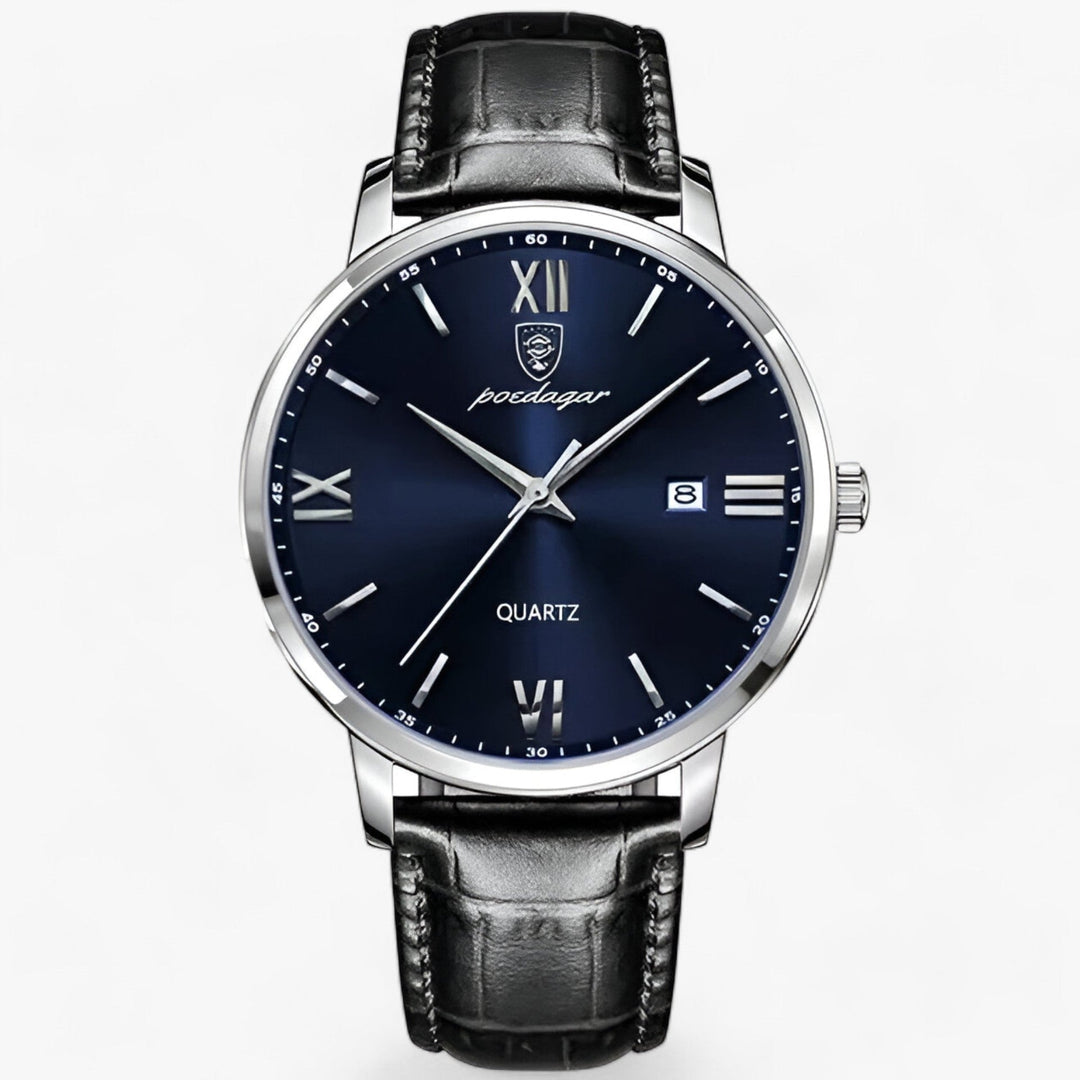Premium men's quartz watch featuring a high-quality genuine leather strap, a sophisticated fashion accessory.