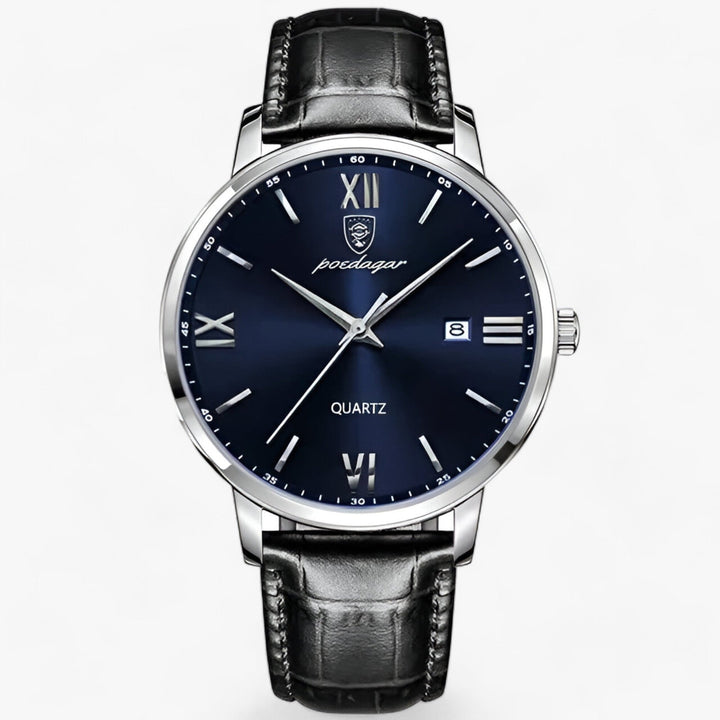 Premium men's quartz watch featuring a high-quality genuine leather strap, a sophisticated fashion accessory.