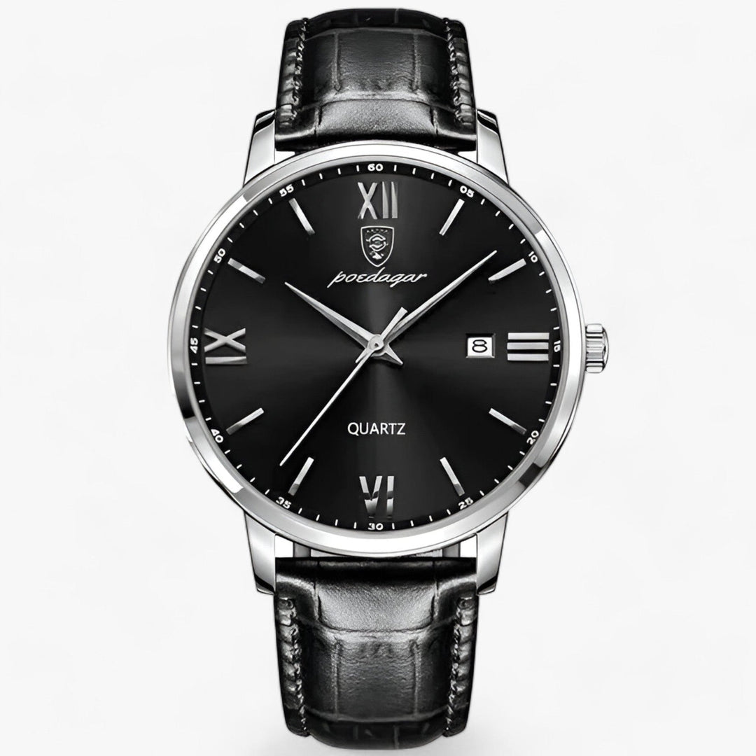Sophisticated men's luxury watch, a quartz movement timepiece with a genuine leather strap, an ideal gift.