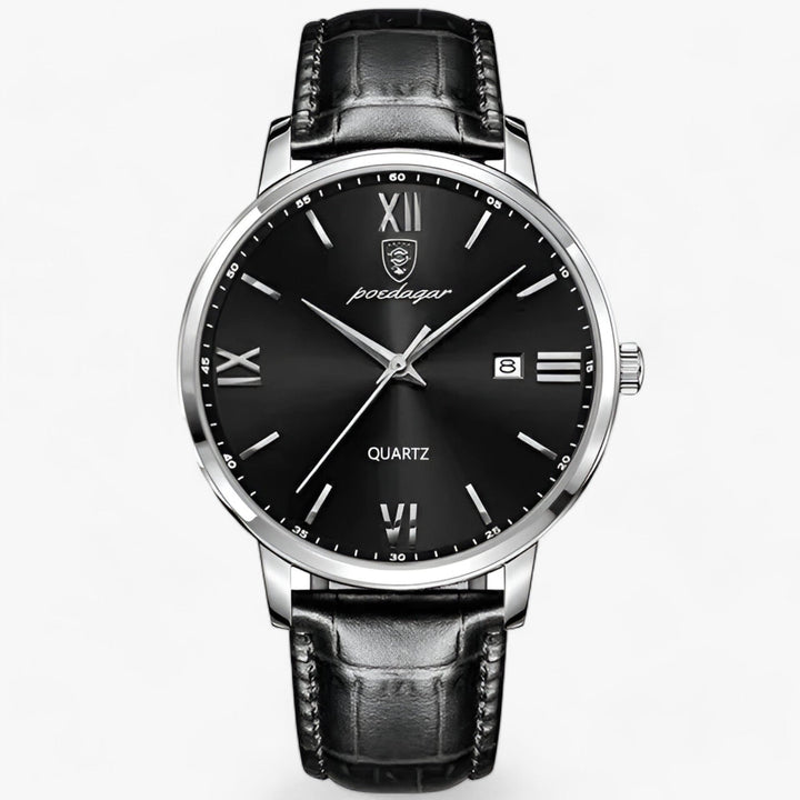 Sophisticated men's luxury watch, a quartz movement timepiece with a genuine leather strap, an ideal gift.
