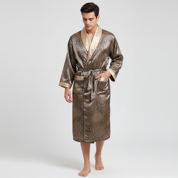 Stylish men's bathrobe, made from smooth satin with an eye-catching gold pattern, great for home comfort.