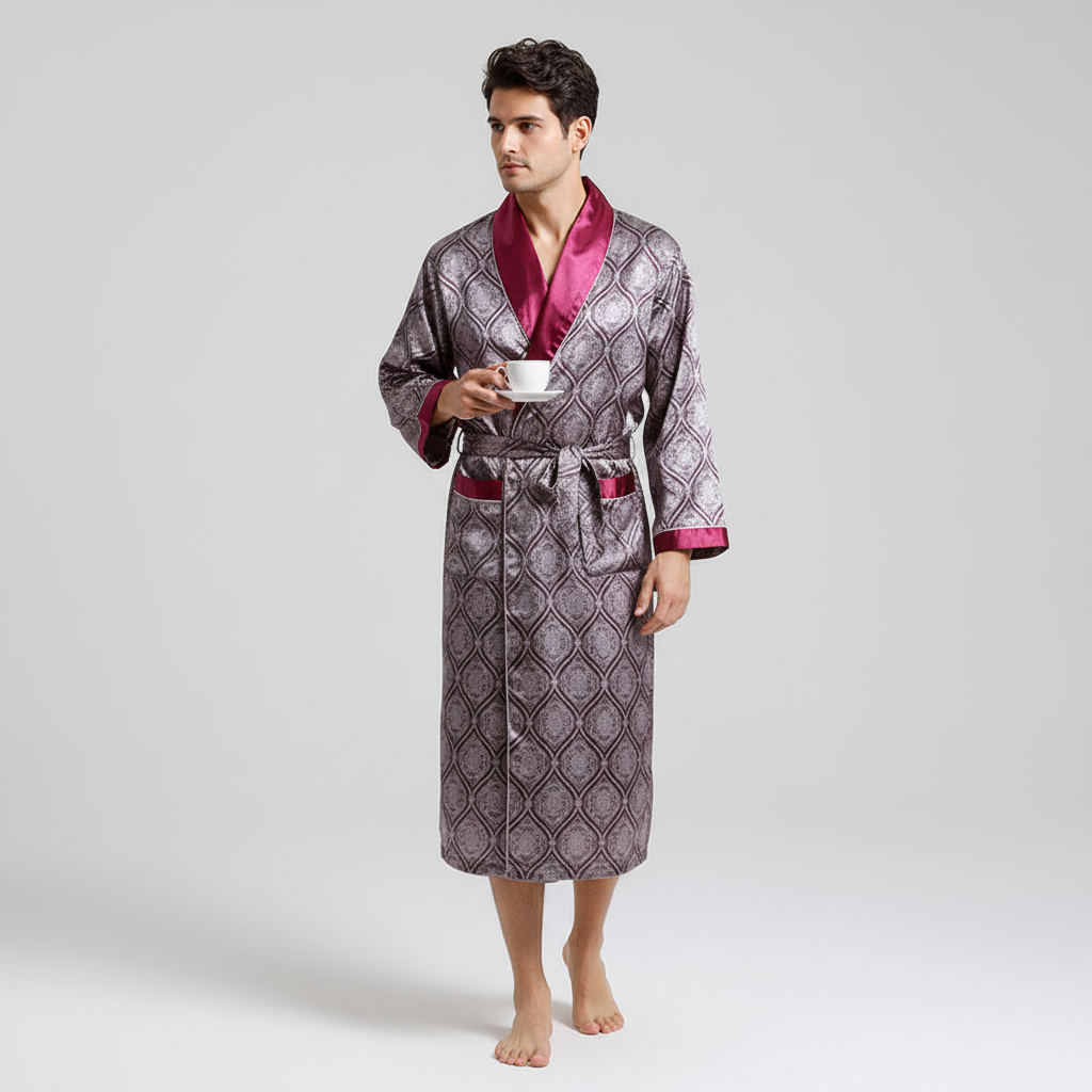 Soft men's satin bathrobe in black, embellished with a luxurious gold pattern, perfect for sophisticated men's sleepwear.