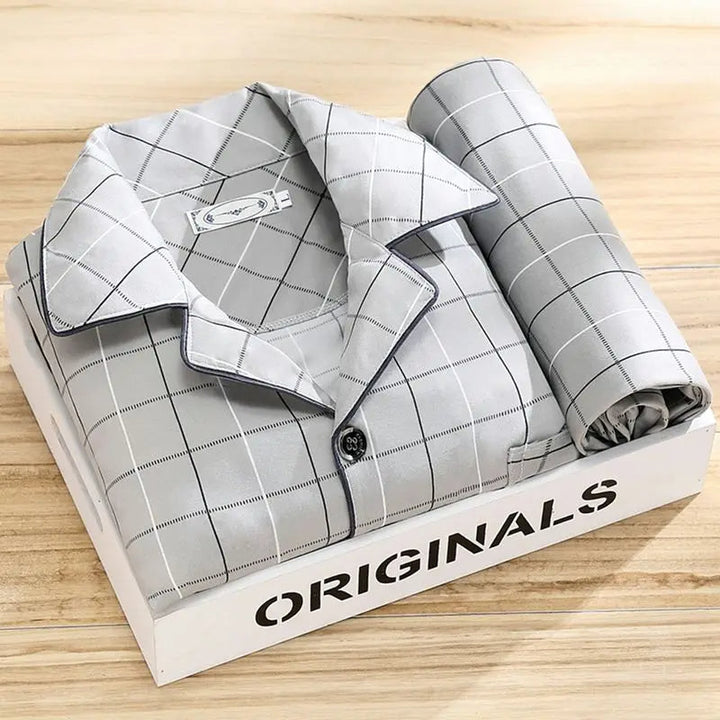Premium men's nightwear: a luxury soft and breathable pajama set. High-quality button-up sleepwear.