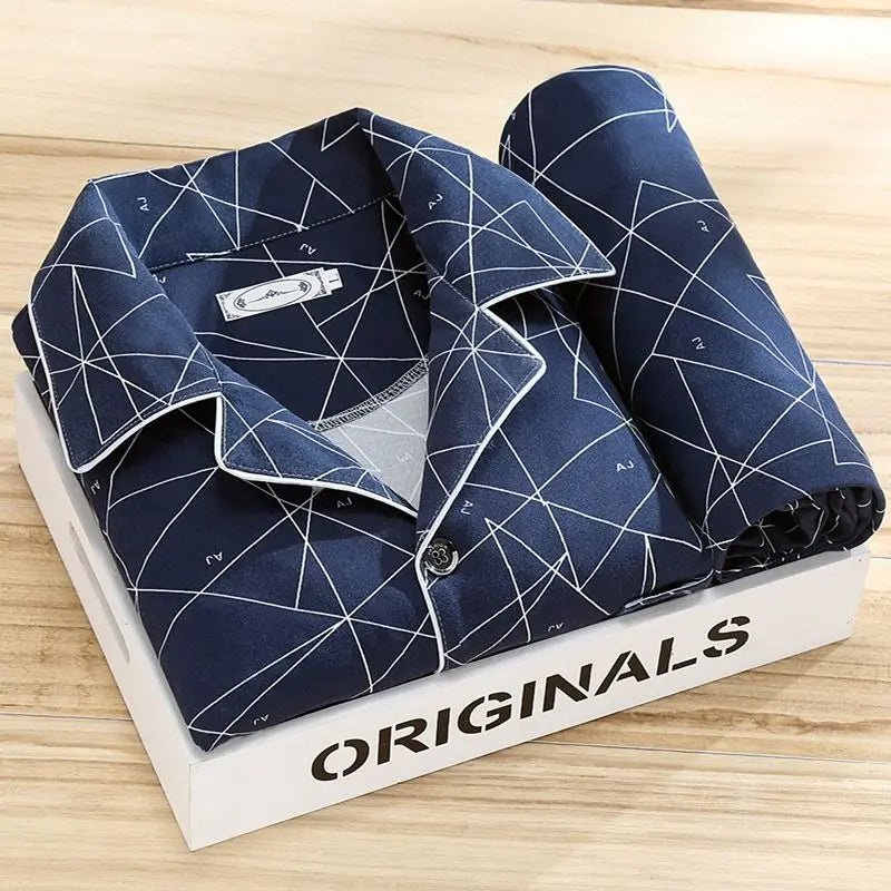 Men's luxury soft pajama set featuring breathable fabric & button-up design. Essential loungewear for men.