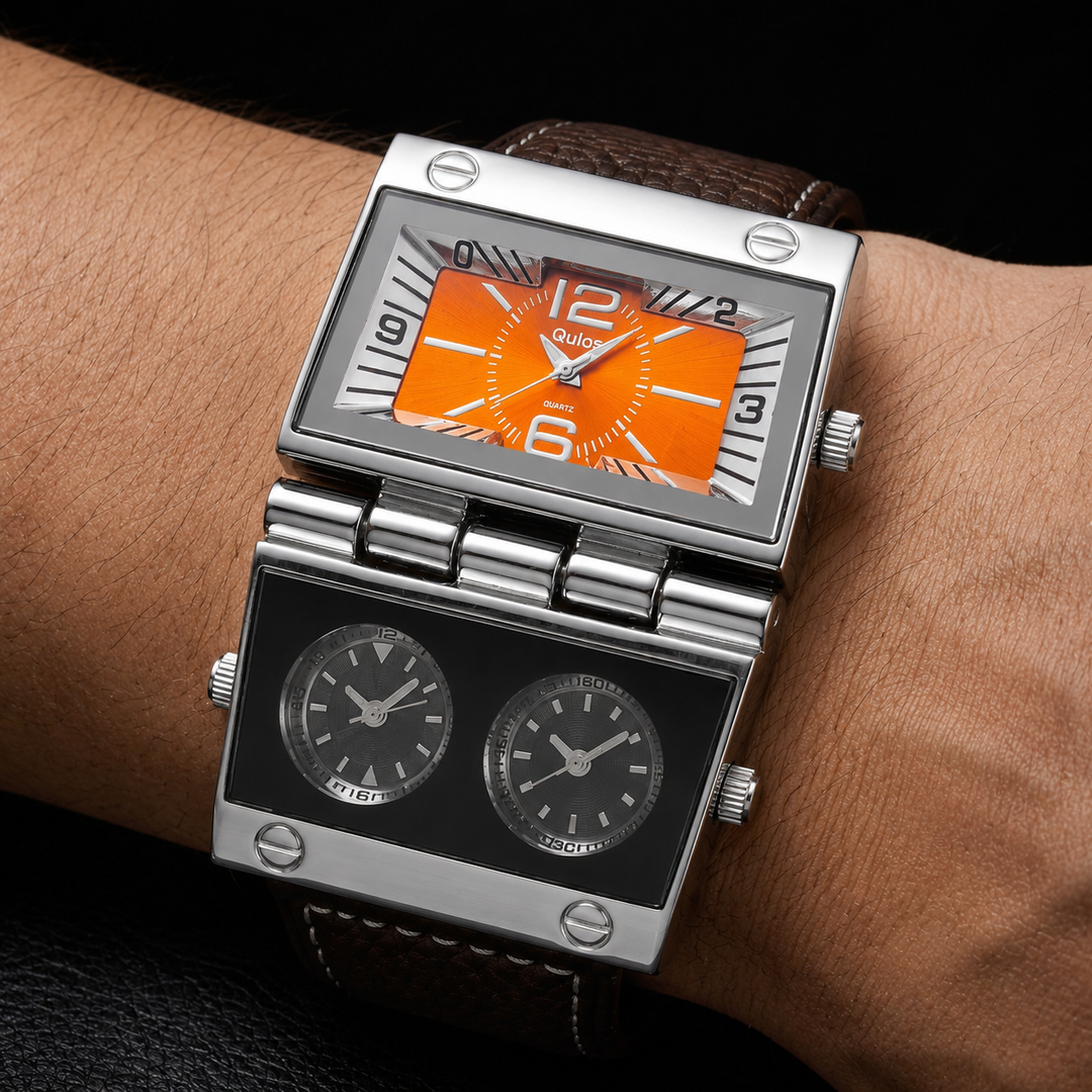 Men's luxury sport analog-digital watch with oversized dial, brown leather strap, and shock resistance.
