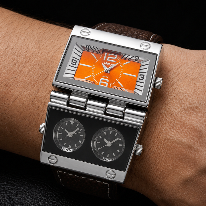 Men's luxury sport analog-digital watch with oversized dial, brown leather strap, and shock resistance.
