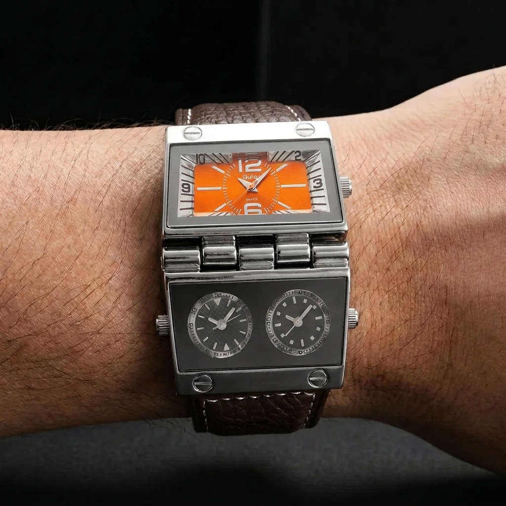 Close-up of men's analog-digital luxury sport watch dial, displaying intricate time and date features, premium timepiece.