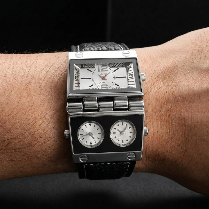 Stylish men's oversized analog-digital sport watch on a wrist, featuring a black dial and comfortable leather strap.