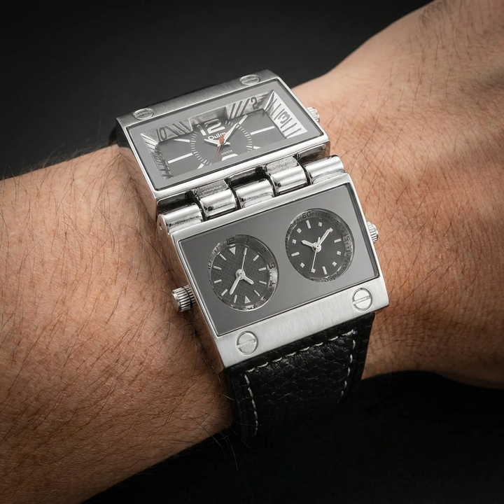 Detailed view of men's luxury sport watch, highlighting its durable brown leather strap and robust case, a sleek accessory.
