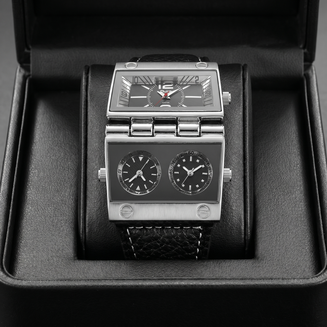 Sophisticated men's luxury sport analog-digital watch with a striking oversized dial and genuine leather strap.