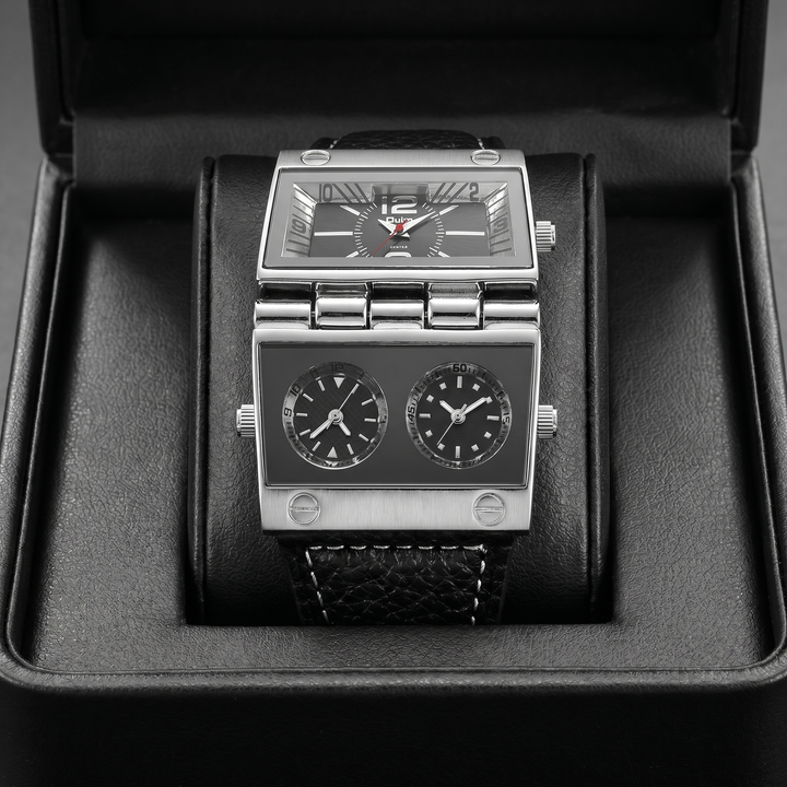 Sophisticated men's luxury sport analog-digital watch with a striking oversized dial and genuine leather strap.