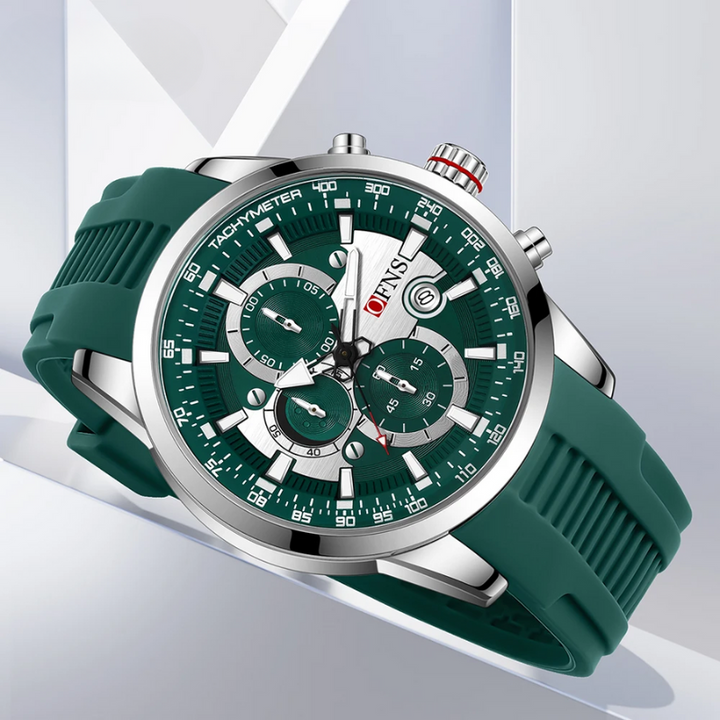 Men's luxury sport chronograph watch with black dial, stainless steel case, and comfortable silicone strap.