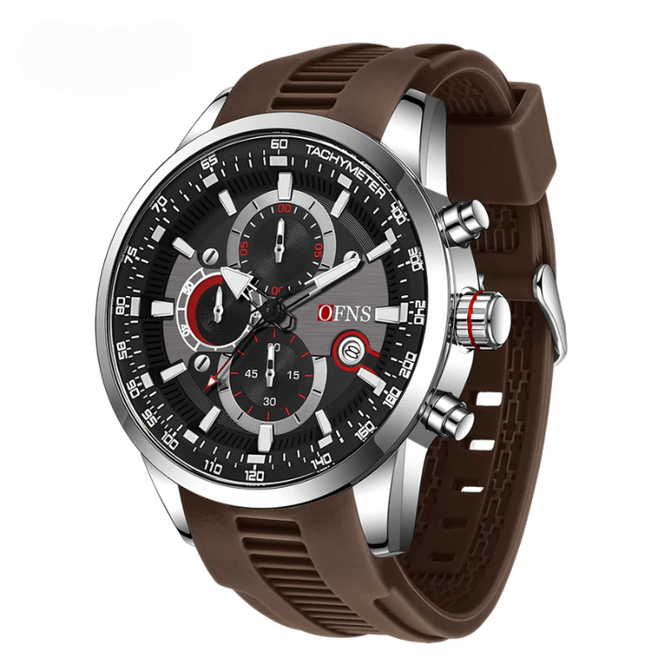 Detailed view of men's luxury sport watch dial, showcasing chronograph sub-dials, indices, and hands.