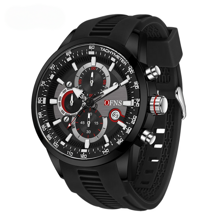 Luxury men's sport watch featuring a robust case, comfortable silicone strap, and precise chronograph functionality.