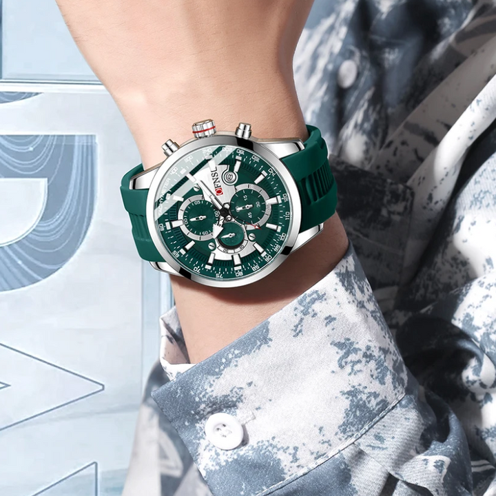 Modern men's luxury sport chronograph watch, black dial, ceramic bezel, combining style with athletic functionality.