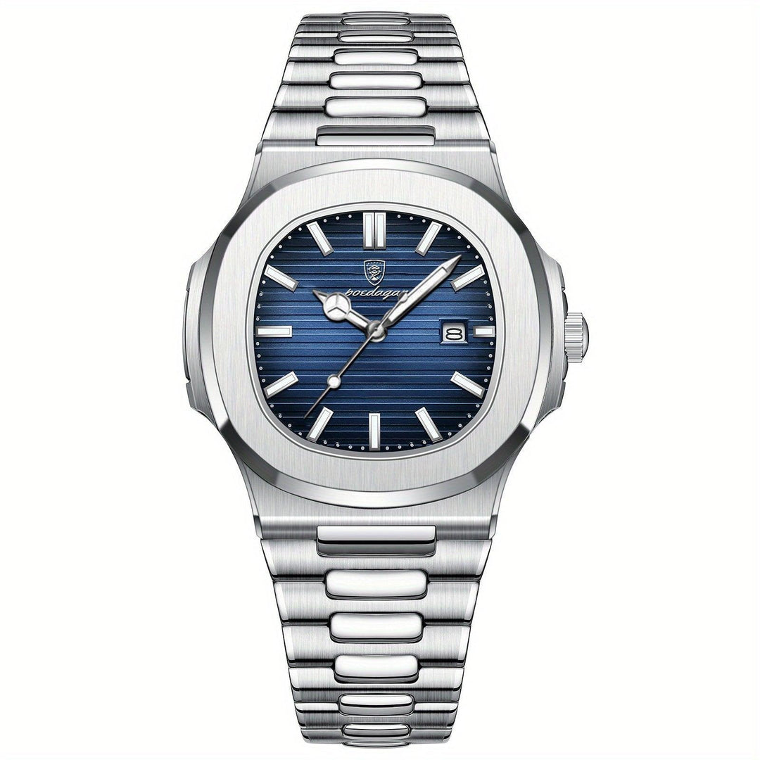 Men's luxury stainless steel sport watch featuring precise quartz movement for everyday wear.