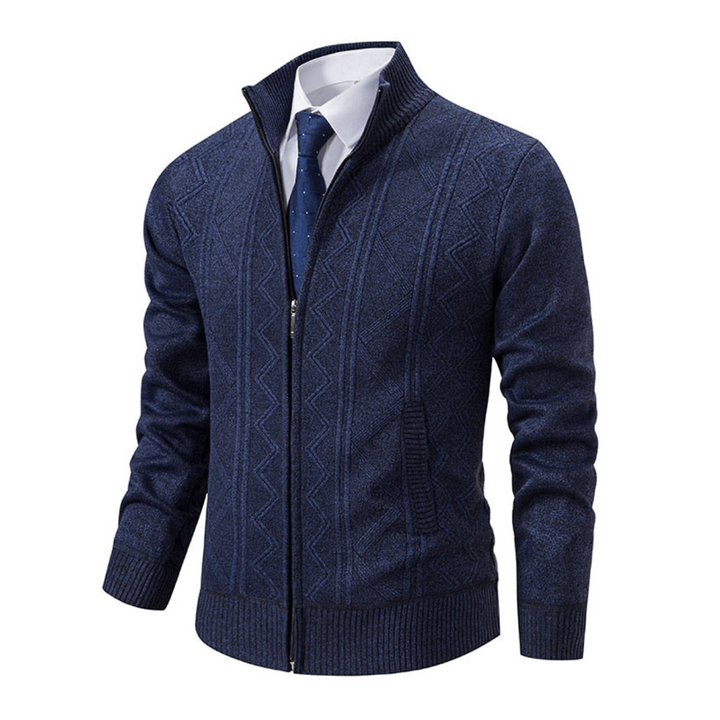 Dark blue men's luxury V-neck sweater vest. Elegant sleeveless knit, ideal for smart casual or formal layering.