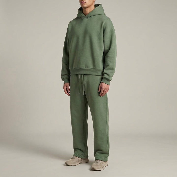 Men's warm leisure suit in a neutral color, a comfortable hoodie and jogger set for winter casual.