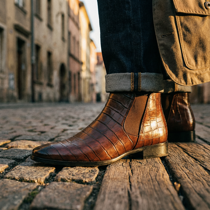 Stylish black leather Chelsea boots for men. Marlow slip-on design, ideal for modern urban fashion.
