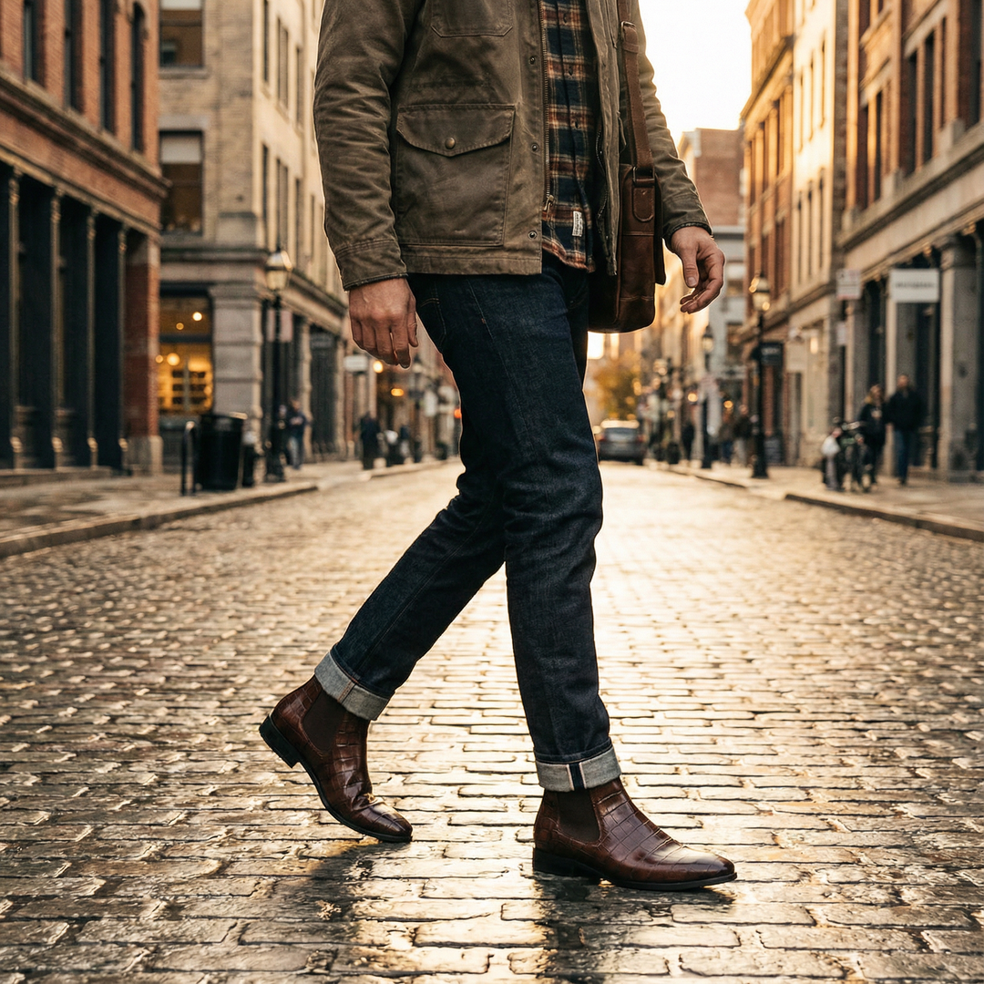 Close-up of Men's Marlow leather Chelsea boot. Fine grain texture & sturdy sole for slip-on comfort.