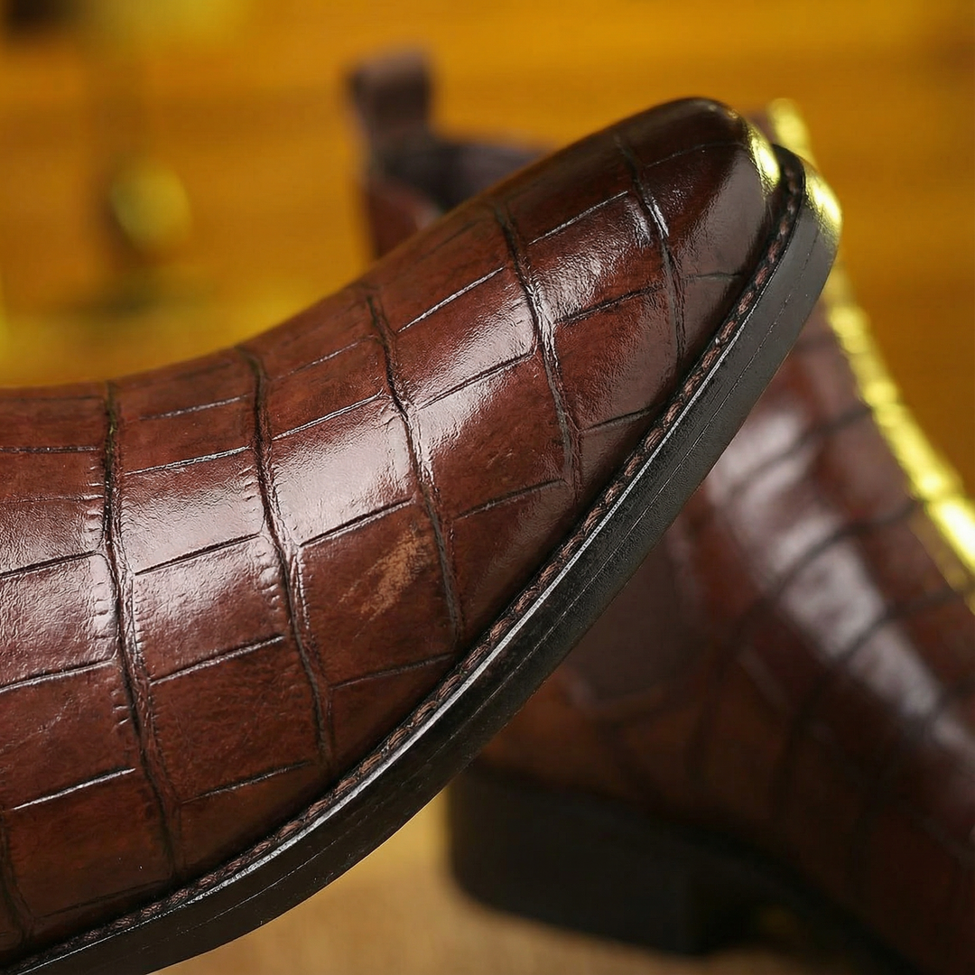 Side profile of Men's Marlow Chelsea boot. Elegant leather, versatile slip-on dress footwear for men.