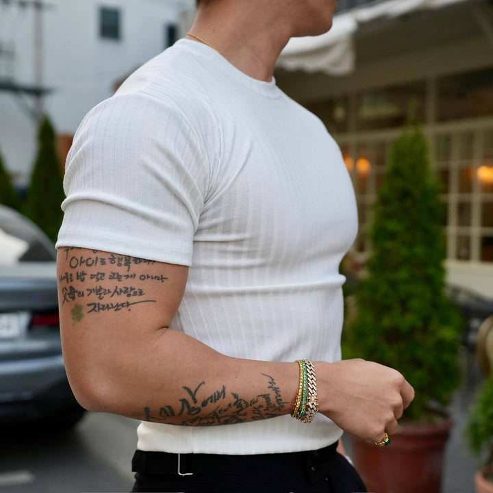 Ribbed men's t-shirt, soft and comfortable. Versatile athleisure top for casual wear & modern menswear.