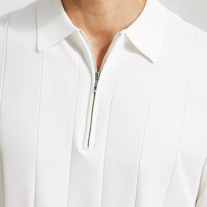 Smart casual men's striped half-zip polo shirt. Massimo apparel for a modern, comfortable spring look.