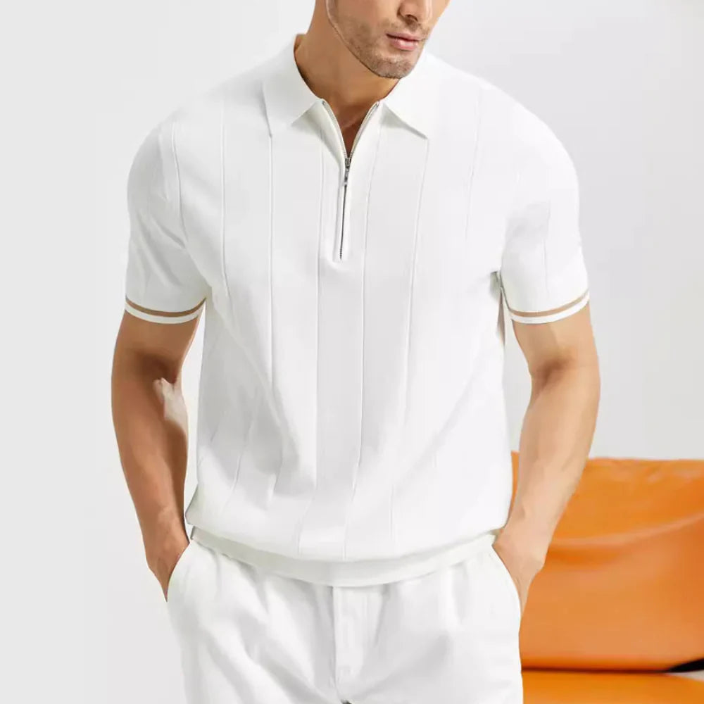 Man wearing a Massimo striped half-zip polo shirt, offering a modern, comfortable, smart casual spring/summer style.