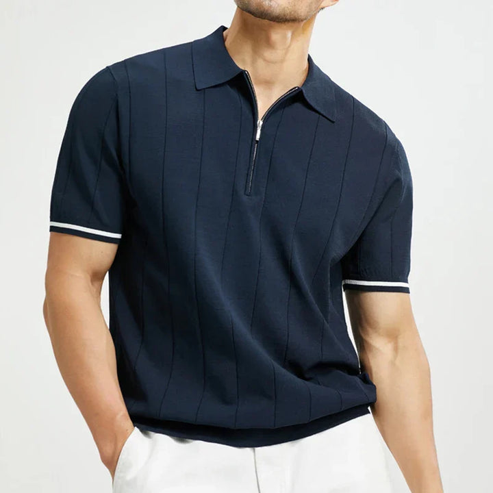 Striped half-zip polo shirt for men by Massimo. Comfortable and modern, perfect for casual spring and summer apparel.