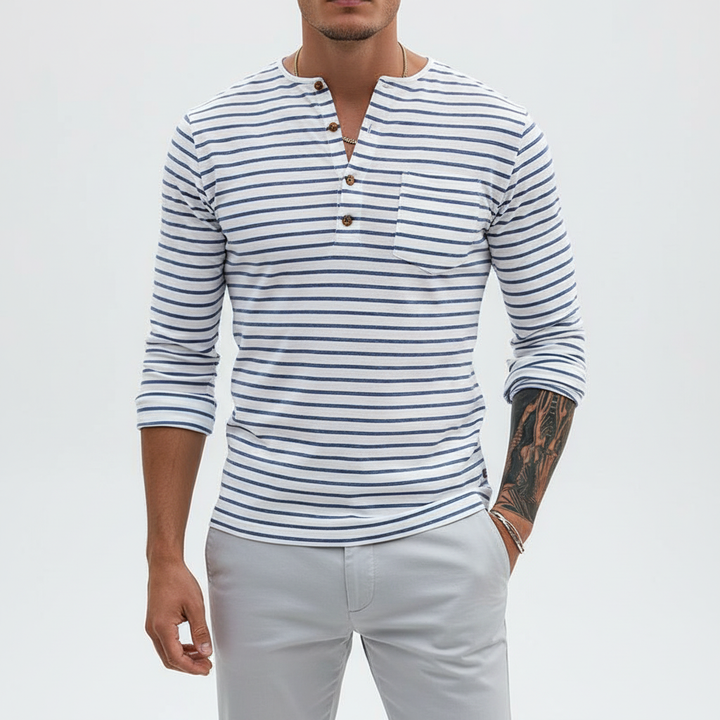 Versatile men's striped long sleeve Henley shirt, comfortable cotton blend for casual style