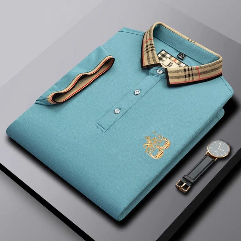 Man wearing a stylish Matthew short-sleeve polo shirt with embroidered detail, showcasing comfort & fit.