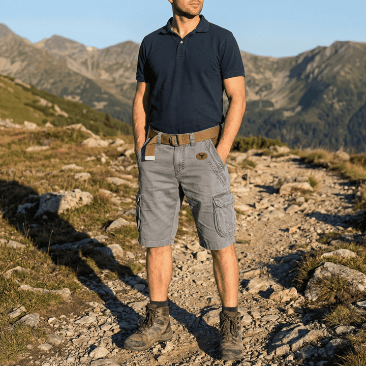 Relaxed fit men's cargo shorts, ideal for travel and activewear with deep utility pockets and comfort.