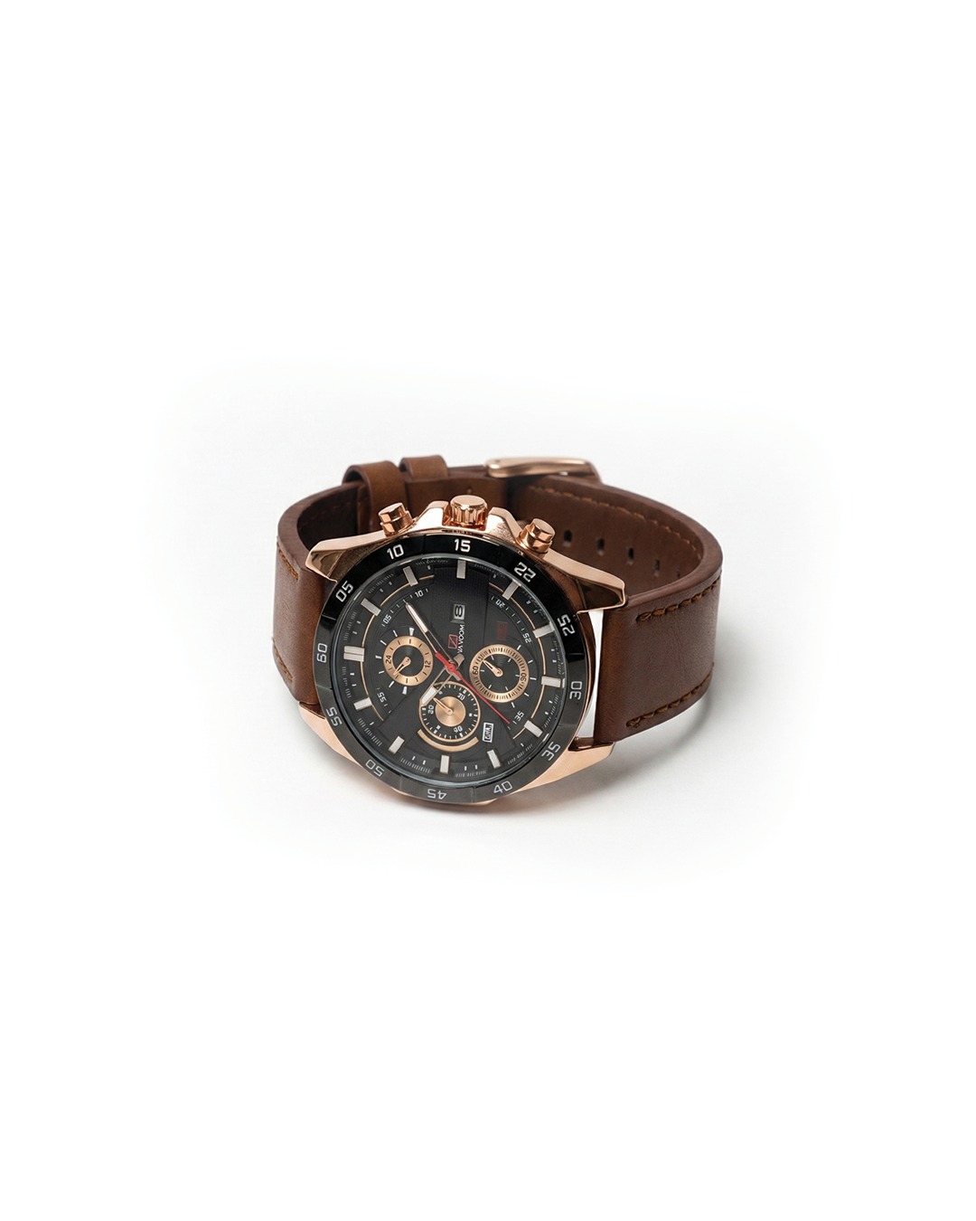 Men's Maverick chronograph watch with a bold black dial and genuine leather strap, perfect for everyday wear.