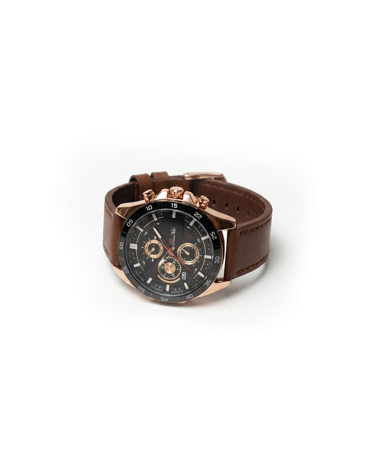 Men's Maverick chronograph watch with a bold black dial and genuine leather strap, perfect for everyday wear.
