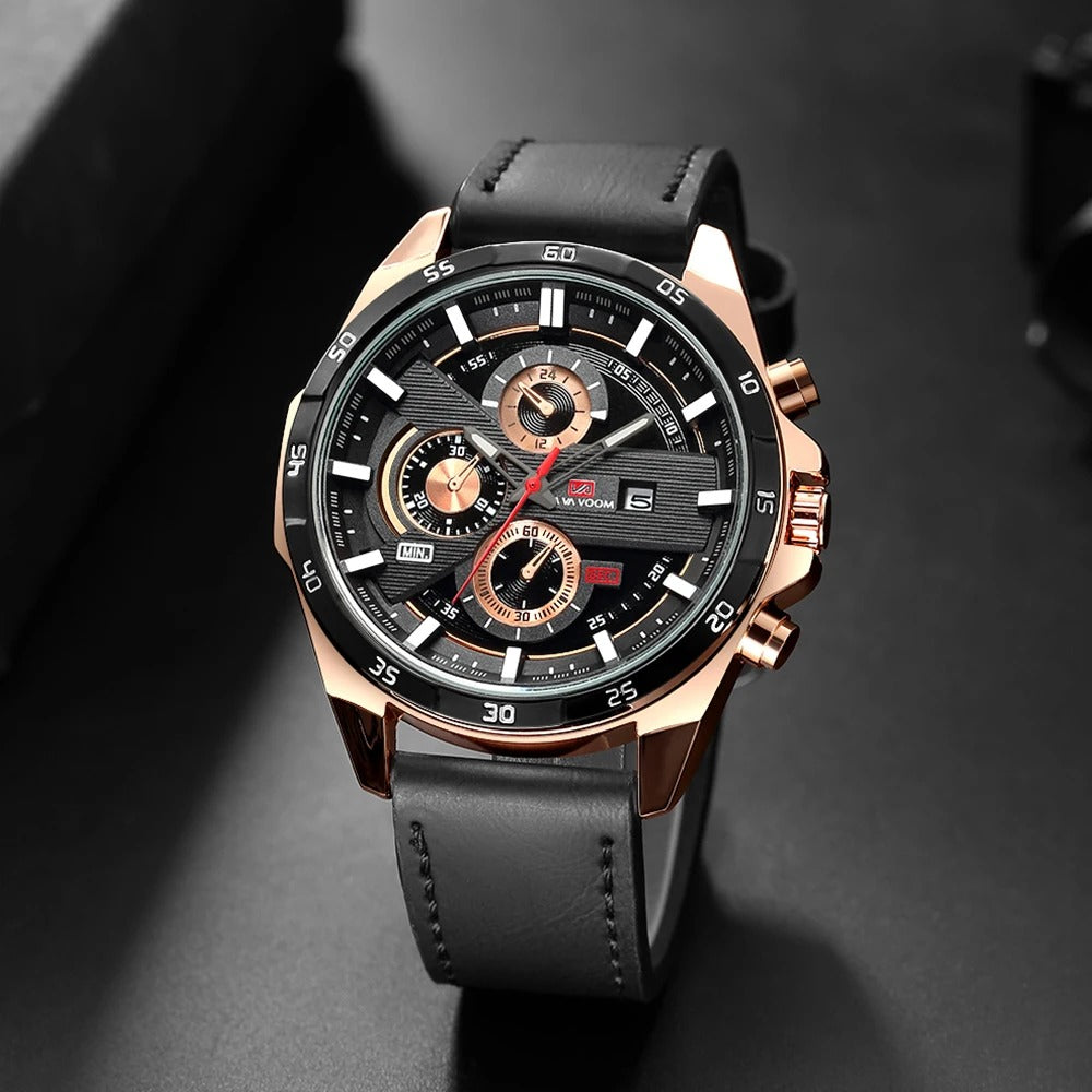 Bold style Maverick men's chronograph watch. Analog timepiece with a leather strap, ideal for classic everyday wear.