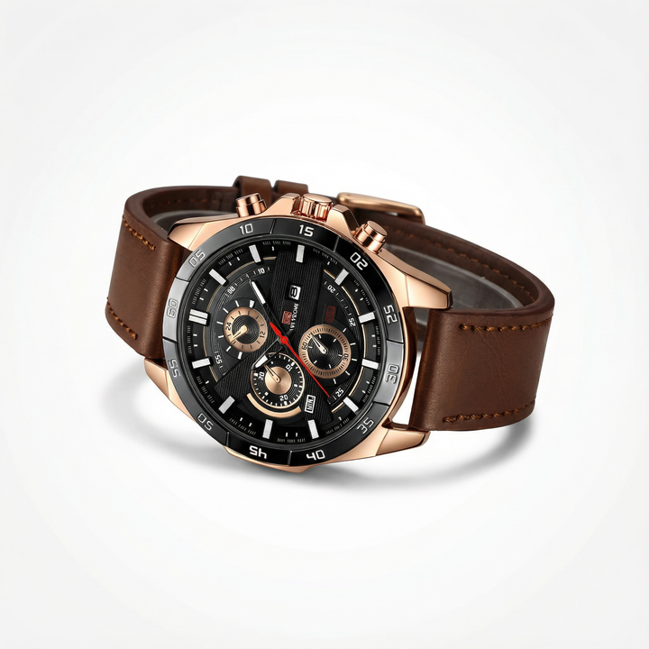Stylish men's Maverick chronograph watch featuring a classic design, dark dial, and comfortable leather band.