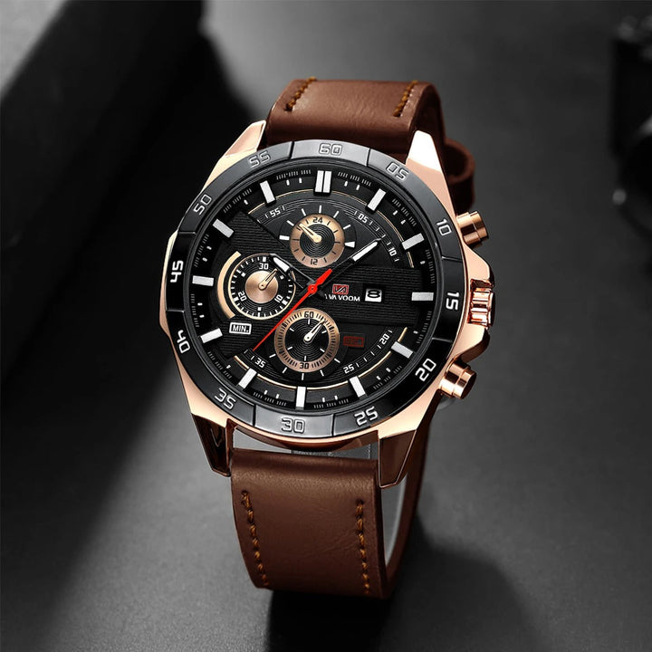 Sporty yet classic men's Maverick analog watch, a durable timepiece with a leather strap for everyday elegance.
